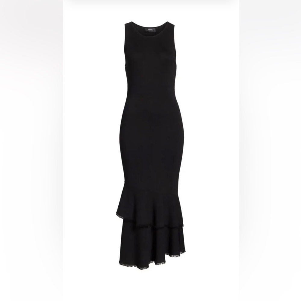 Theory Black Knit Ruffled Midi Dress!